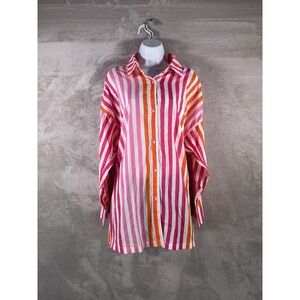 BEACH RIOT  Alexa Cover Up Shirt Womens Size PL Pink Orange Striped Long Sleeve